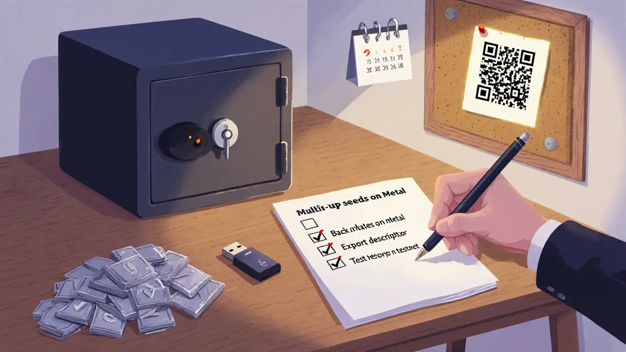 Desk with metal seed plates, USB, checklist, safe and QR code, hand ticking items.