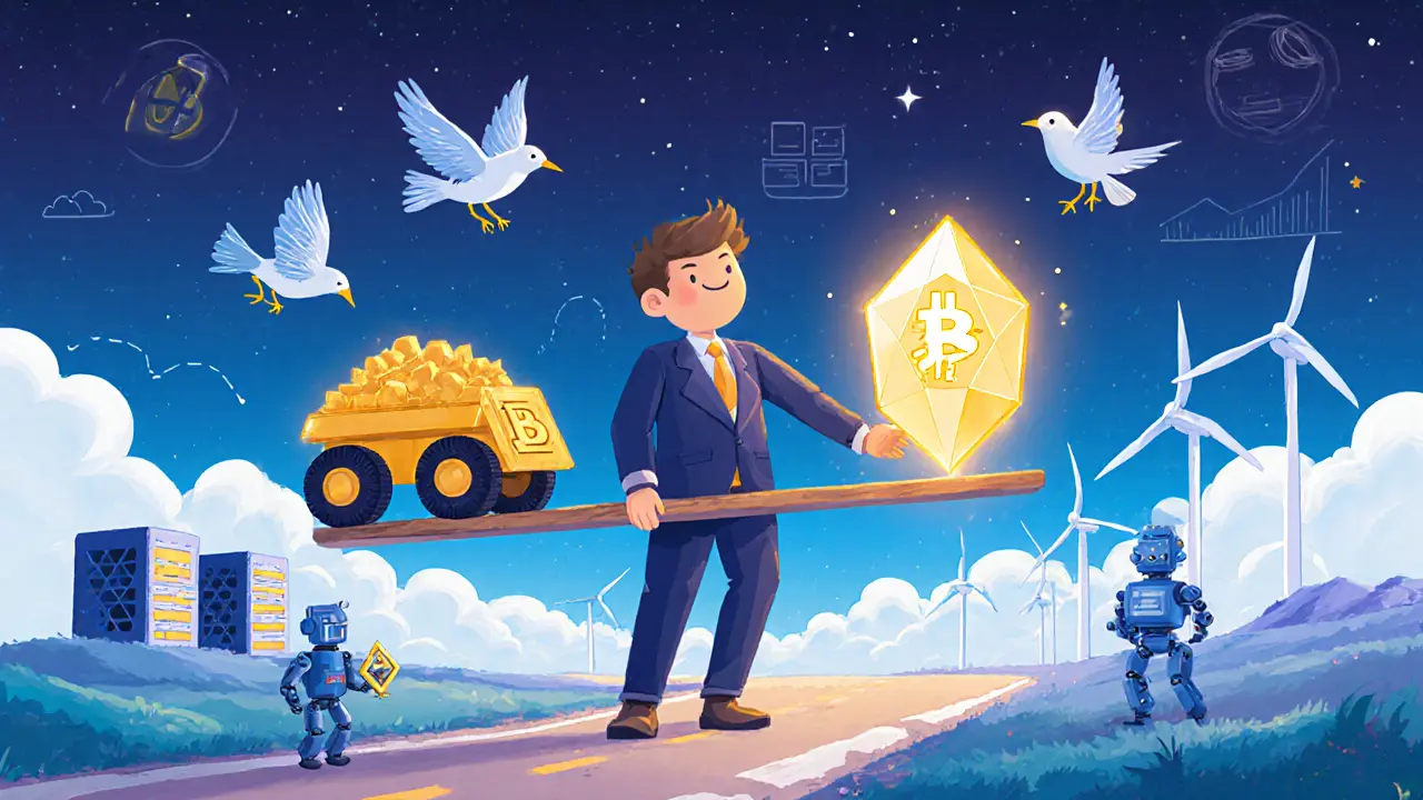 Investor balancing Bitcoin mining cart and ETH staking crystal on a road.