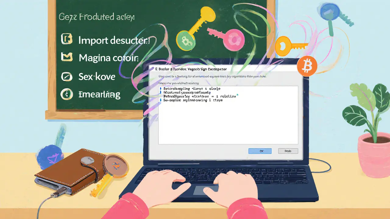 Laptop with Sparrow Wallet UI, hardware wallets plugged in, steps shown on chalkboard.