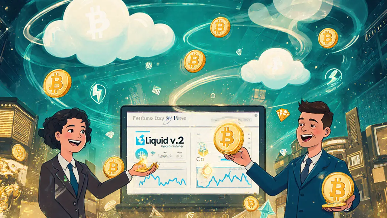 Traders exchanging L‑BTC tokens in a futuristic market with v2 upgrades.