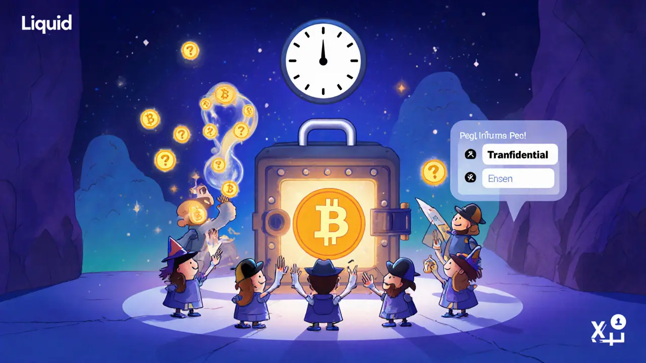 Vault with 15 guardians approving a peg‑in, showing confidential transaction bubble.