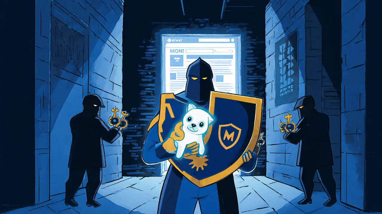 A guardian shields a glowing pet from shadowy scammers and a phishing doorway.