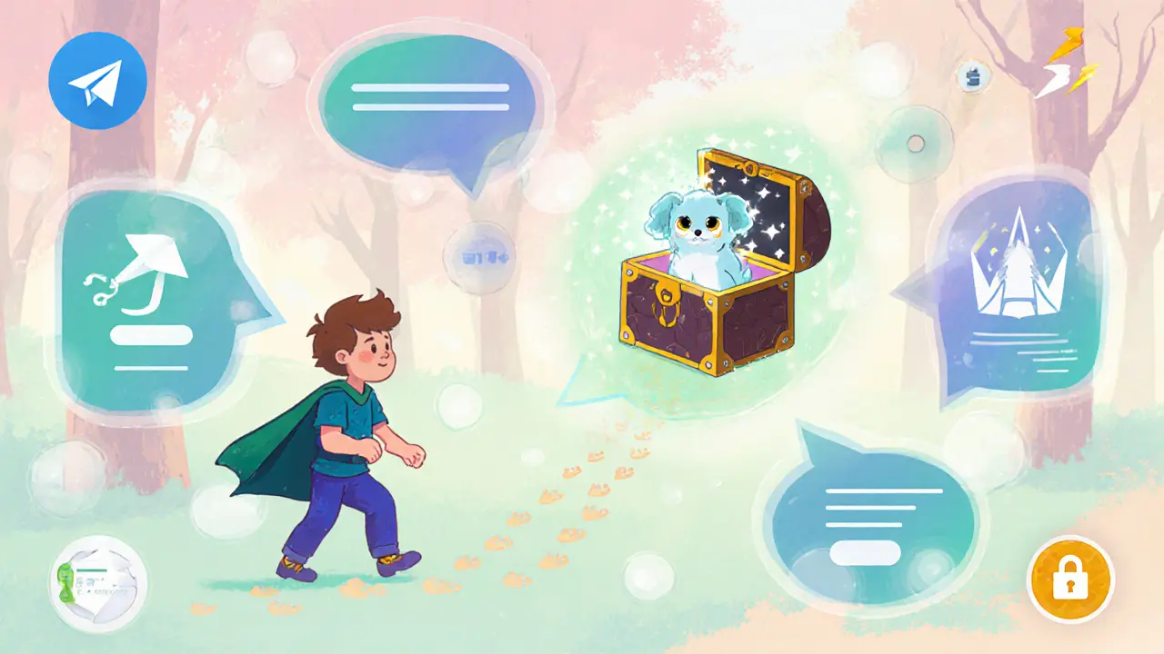 A hero follows glowing footprints to a wallet chest and claims a sparkling pet NFT.