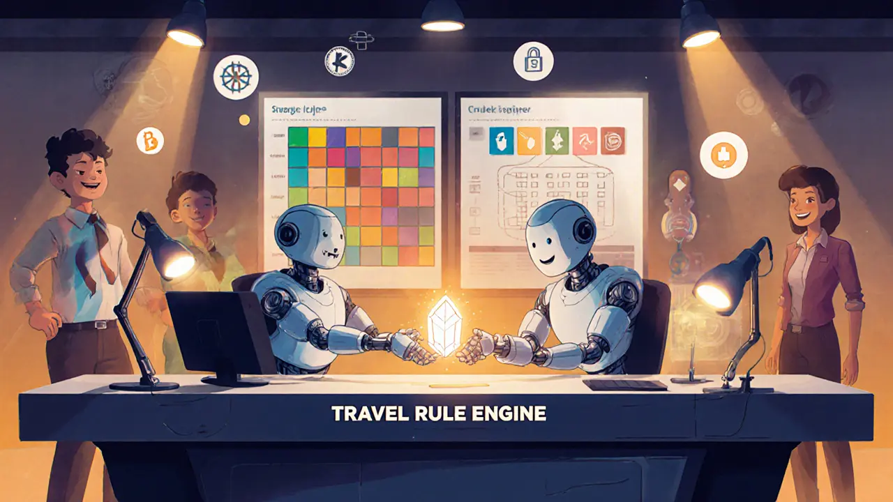 Cartoon crypto exchange office with robots handing glowing data packets and a risk matrix board.