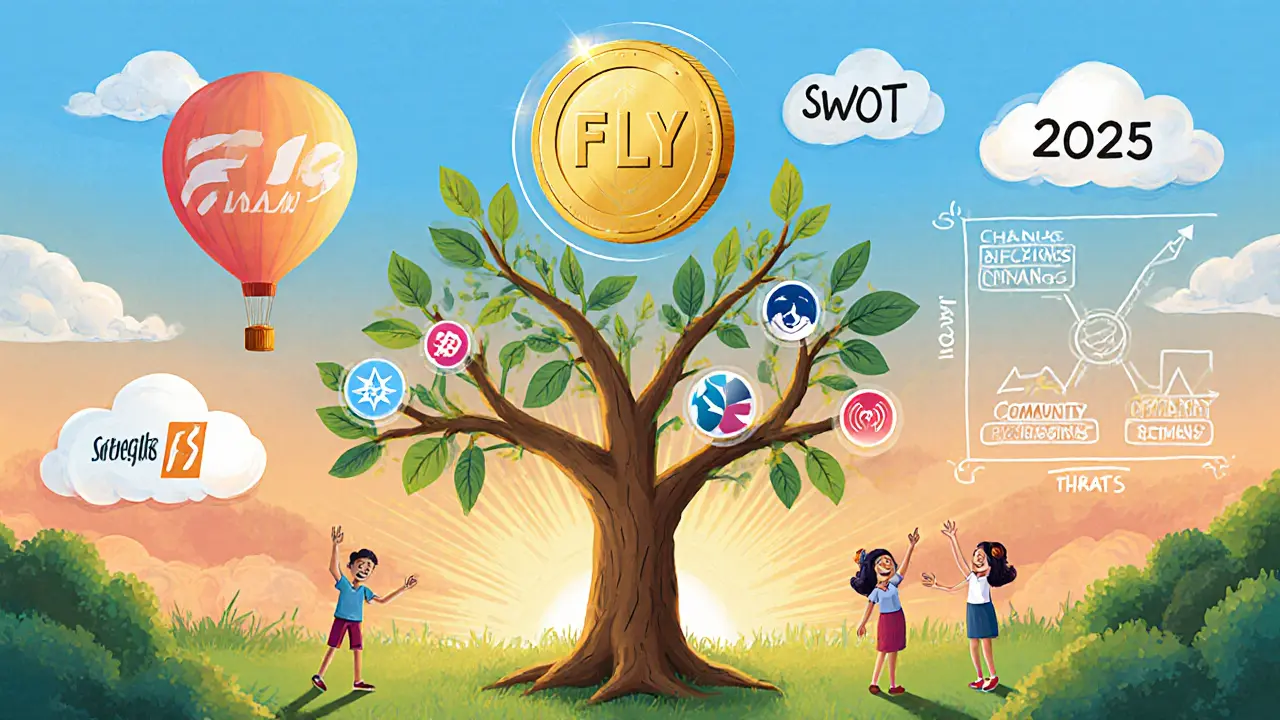 Golden FLY token above a tree of new chains, with characters celebrating future growth.