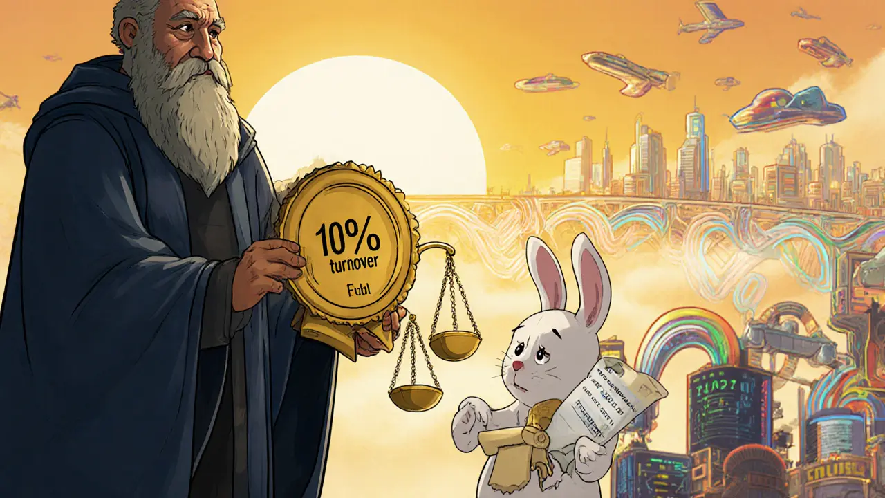 Regulator figure holding a fine scale beside a worried CASP bunny, with a hopeful compliant future skyline.