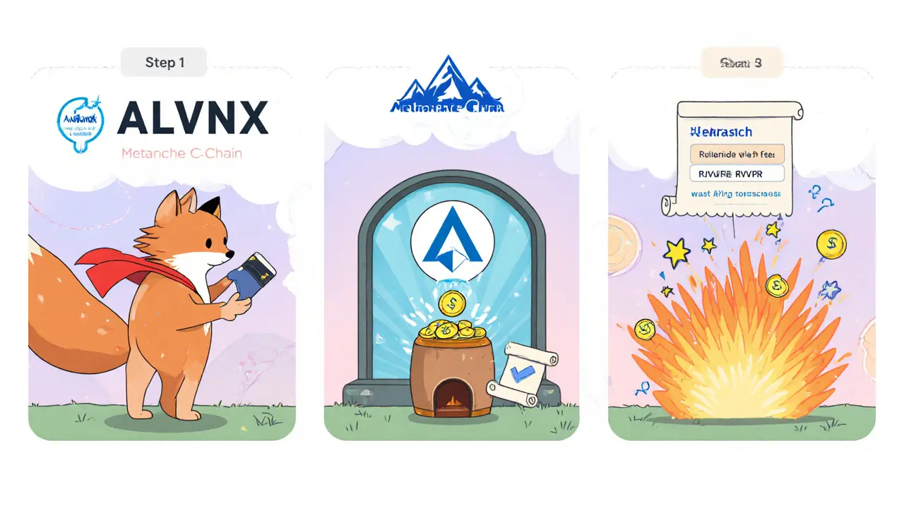 Three panels show connecting MetaMask, approving AVAX gas fee, and receiving RVLVR tokens.