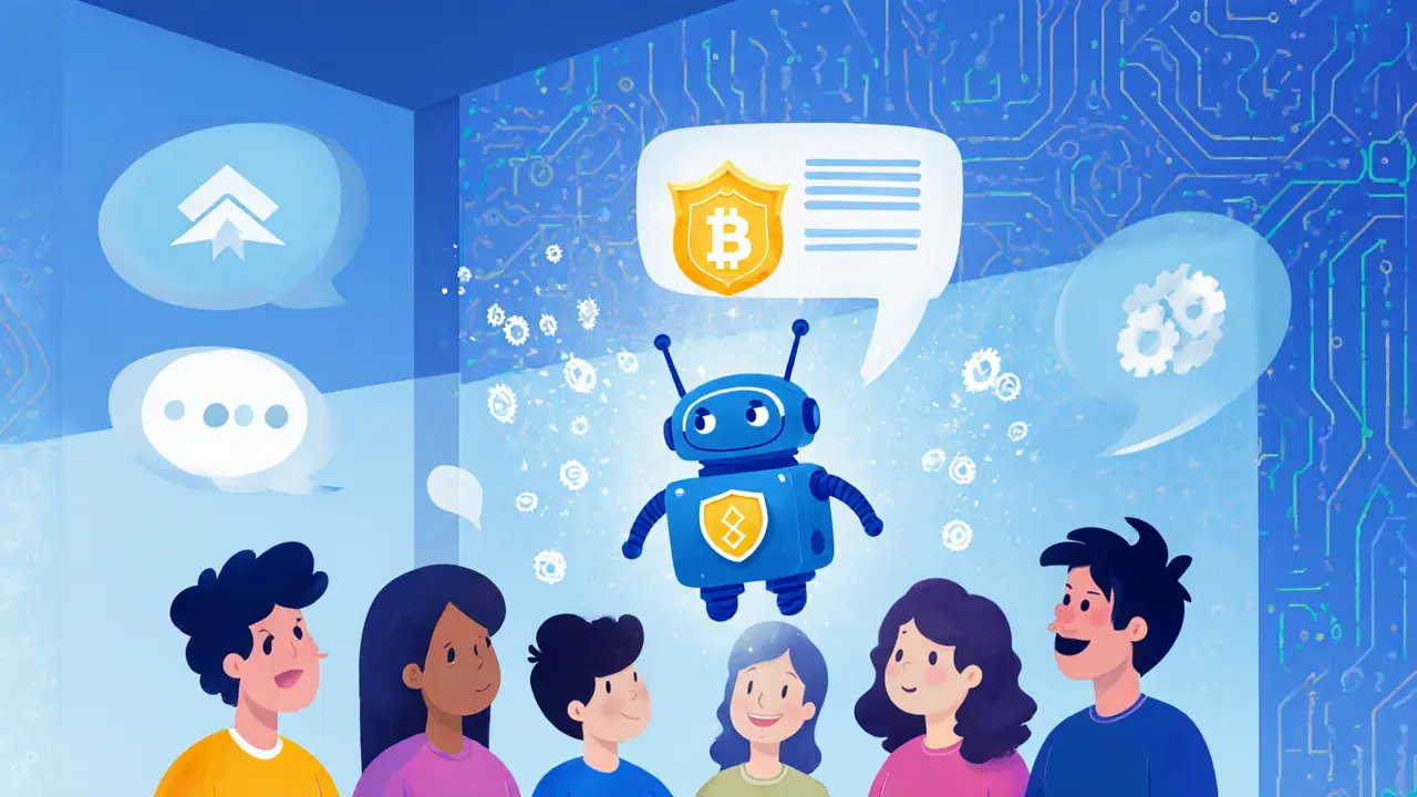 Whimsical robot verifying a Telegram chat group, emitting a sparkling badge and gear symbols.