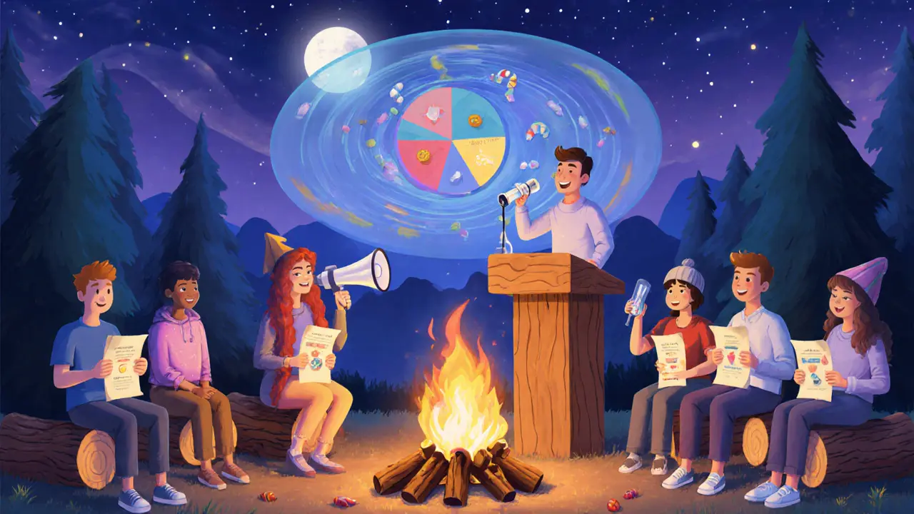 Campfire AMA with founder, influencer, voting scrolls, and tokenomics infographic.