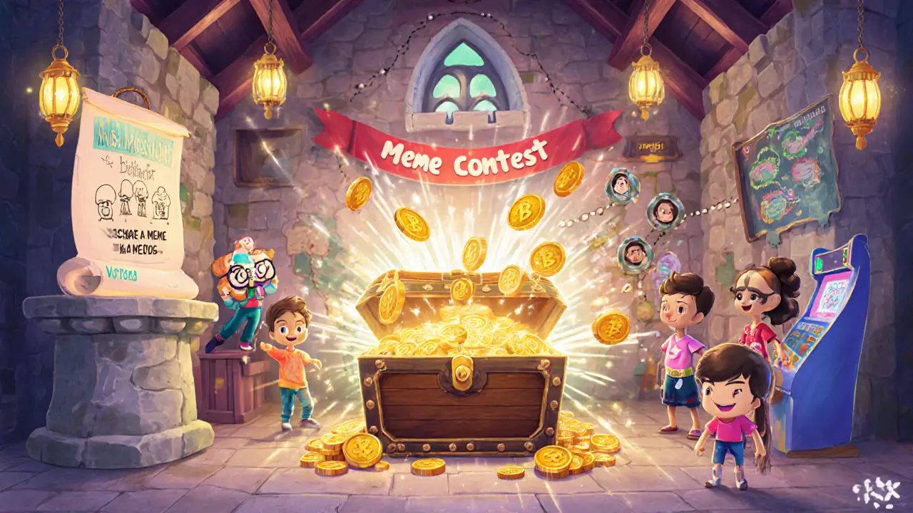 Castle hall with token airdrop chest, meme contest banner, leaderboard, and referral map.