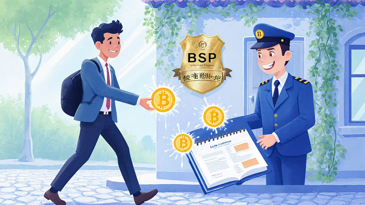 Entrepreneur transfers three glowing Bitcoins to a regulator, receiving a tax‑free certificate.