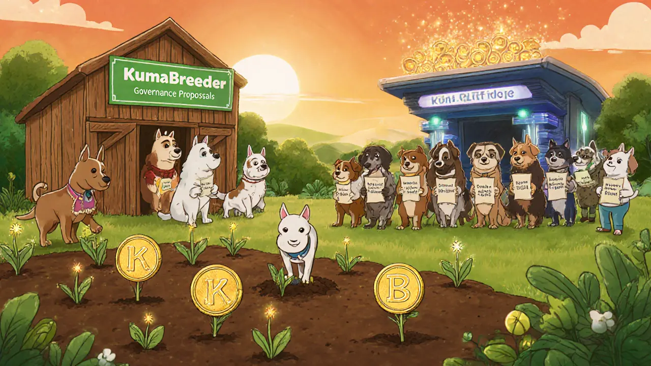 Farm scene with dogs planting KUMA seeds, voting council, and distant exchange emitting BGT tokens.