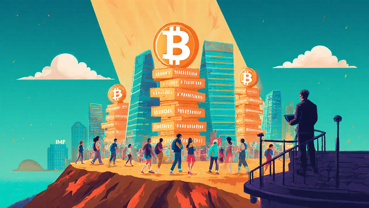 Futuristic Bitcoin City glows at sunset with happy nomads and a protective overseer.