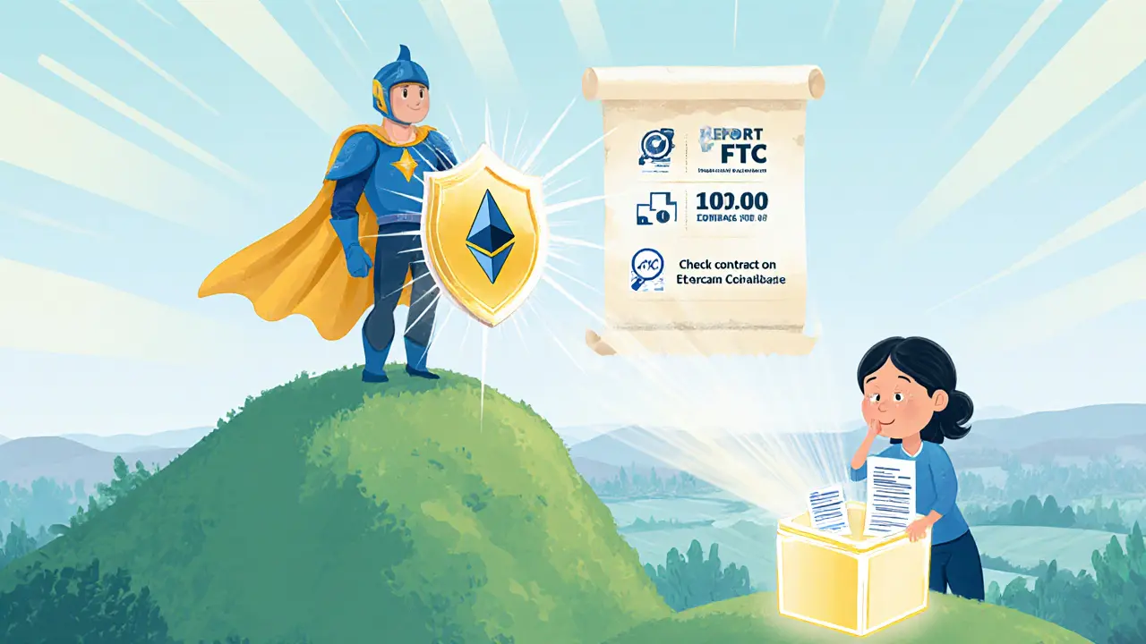 Guardian with shield advises checking Etherscan and reporting scams to protect victims.