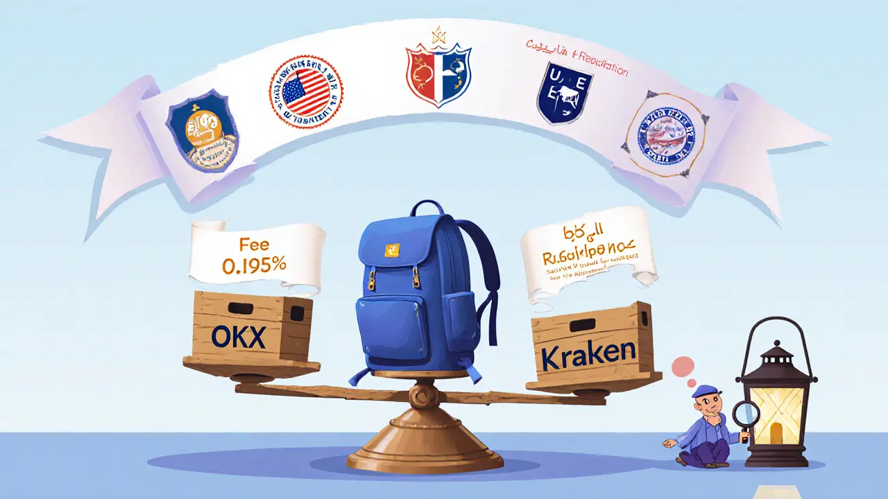 Illustrated scale balancing Backpack Exchange against OKX and Kraken with fee scrolls and regulation symbols.