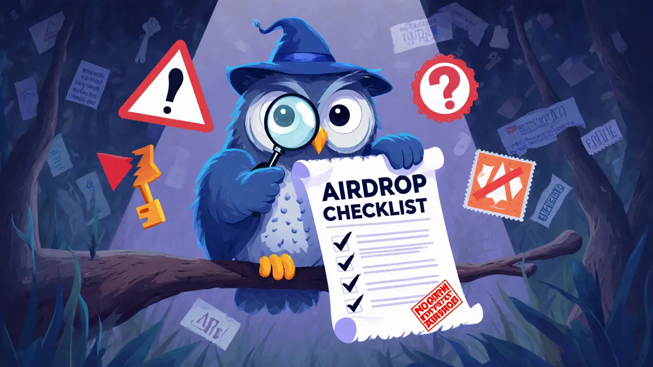 Owl detective with magnifying glass over an airdrop checklist, surrounded by warning symbols.