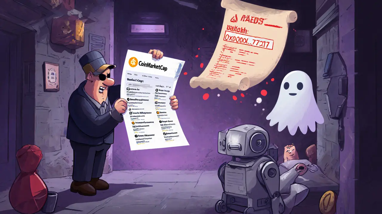 Scammers in a dark web shop display fake listings and a zero‑activity contract address.