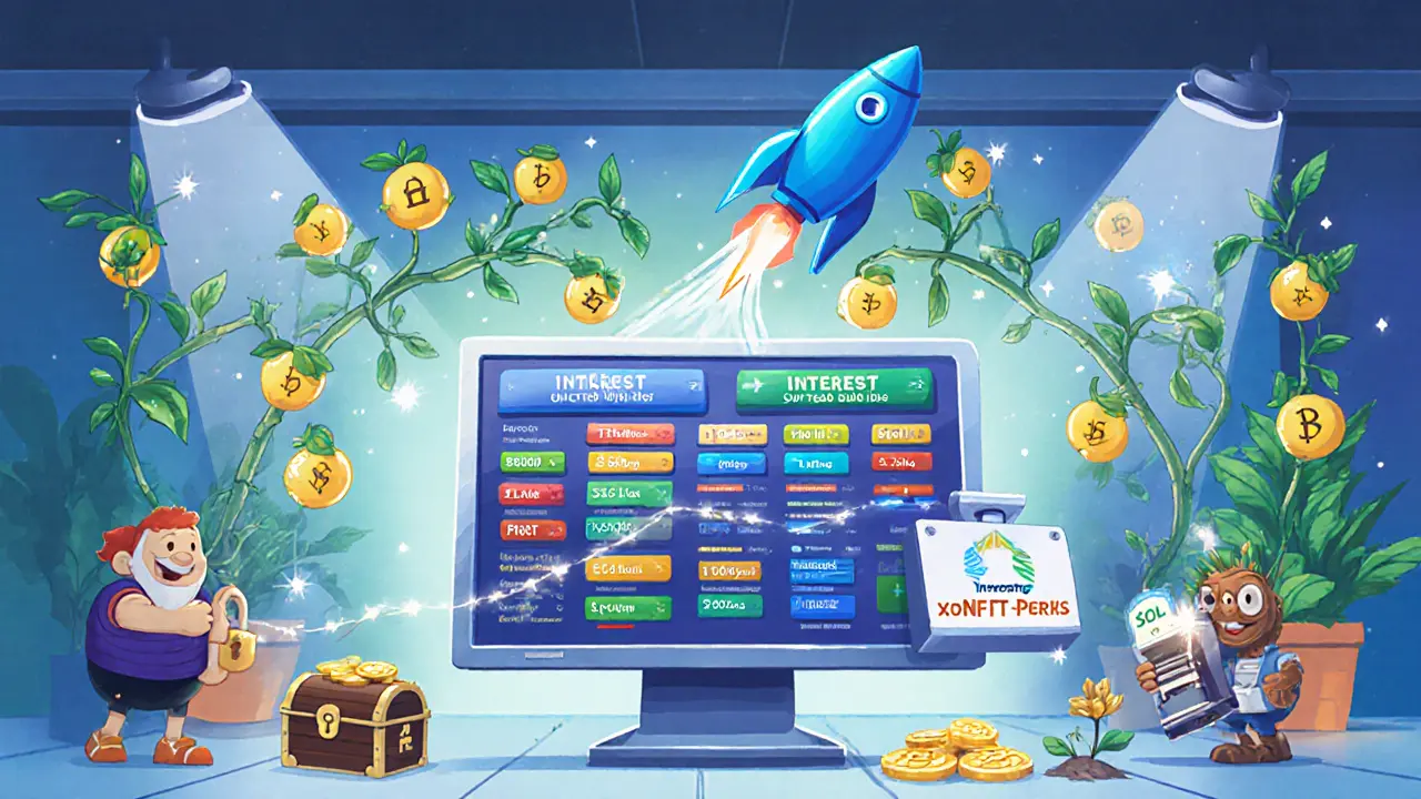 Storybook trading floor showing console, sub‑account tabs, interest‑bearing contract vines, and staking mascots.