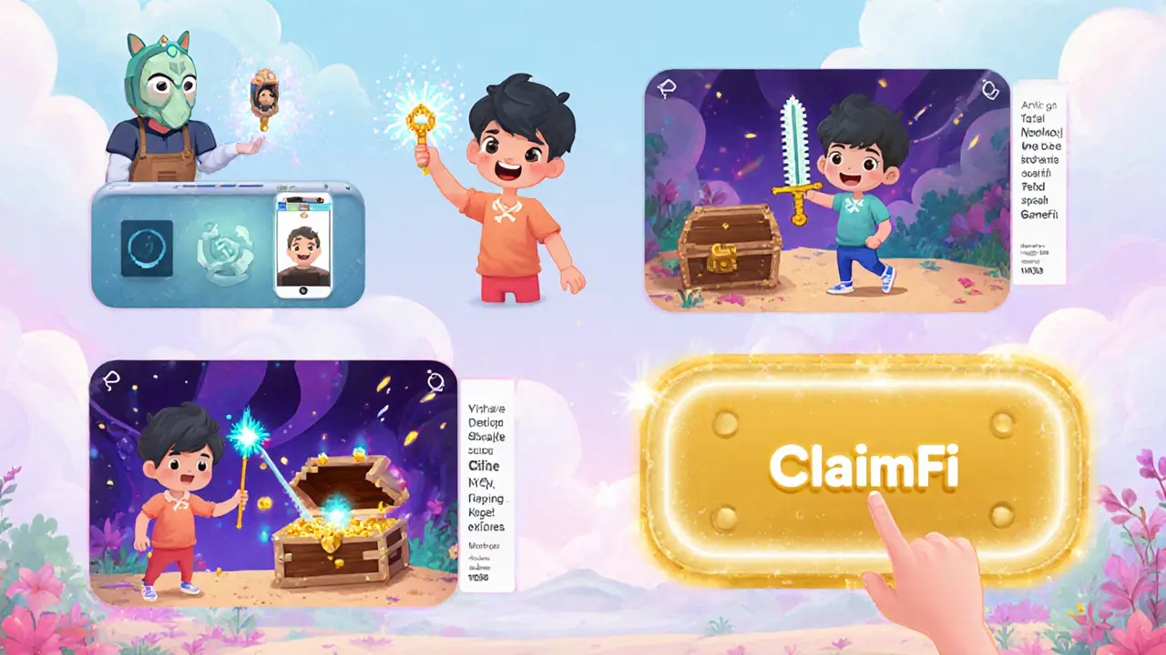Avatar connects wallet, takes selfie, plays game, and presses a glowing claim button.