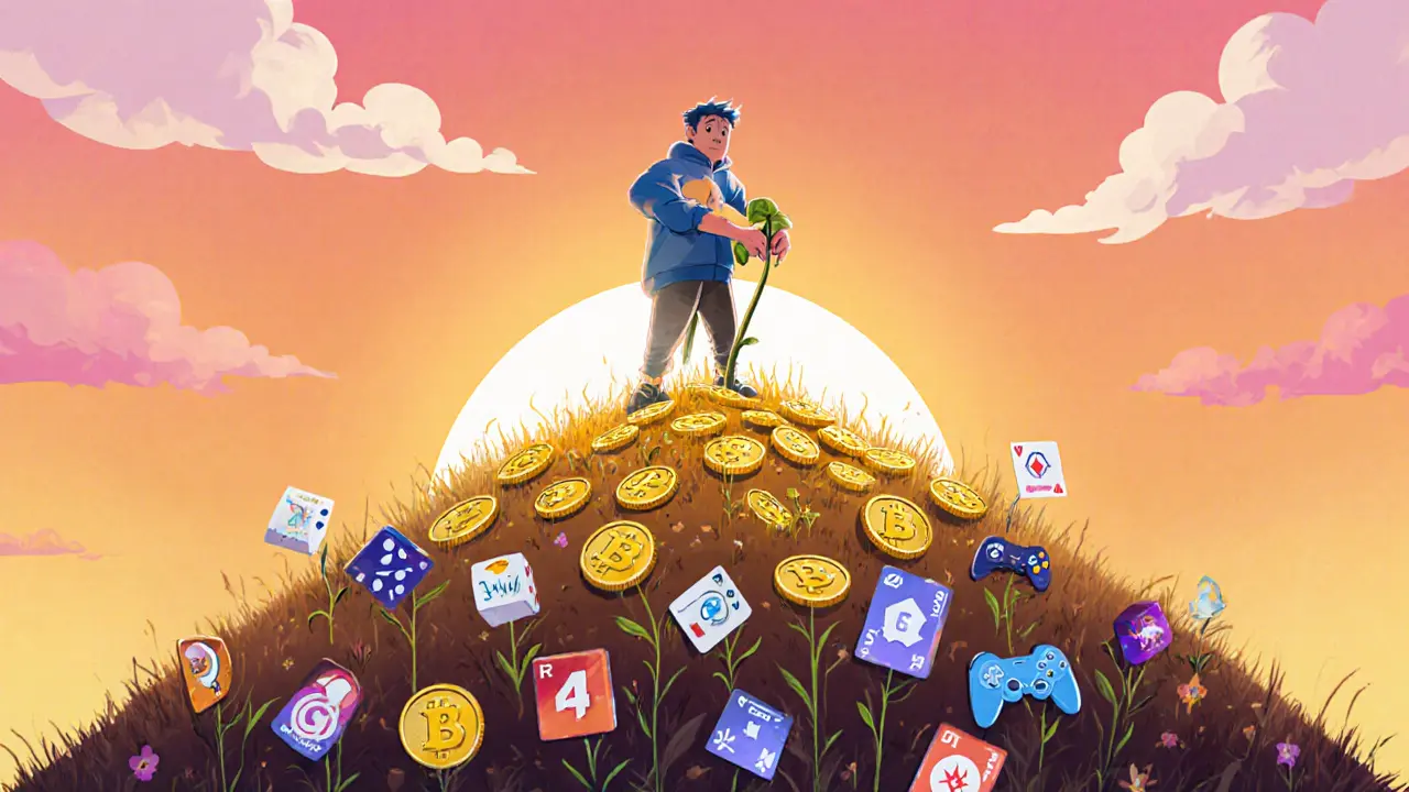 Avatar on a hill of GFI tokens plants a seed that grows into a garden of game icons.