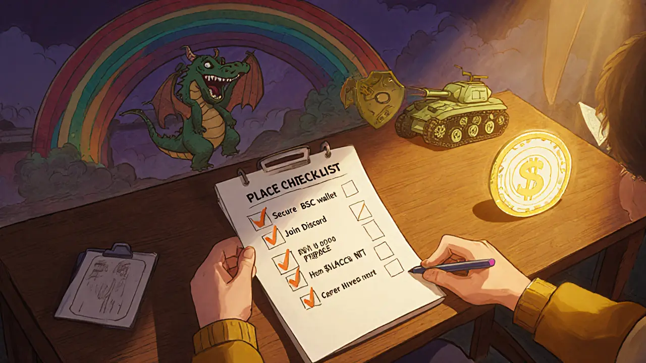 Heroic player checking airdrop tasks, holding a tank NFT, shielding from a phishing dragon.