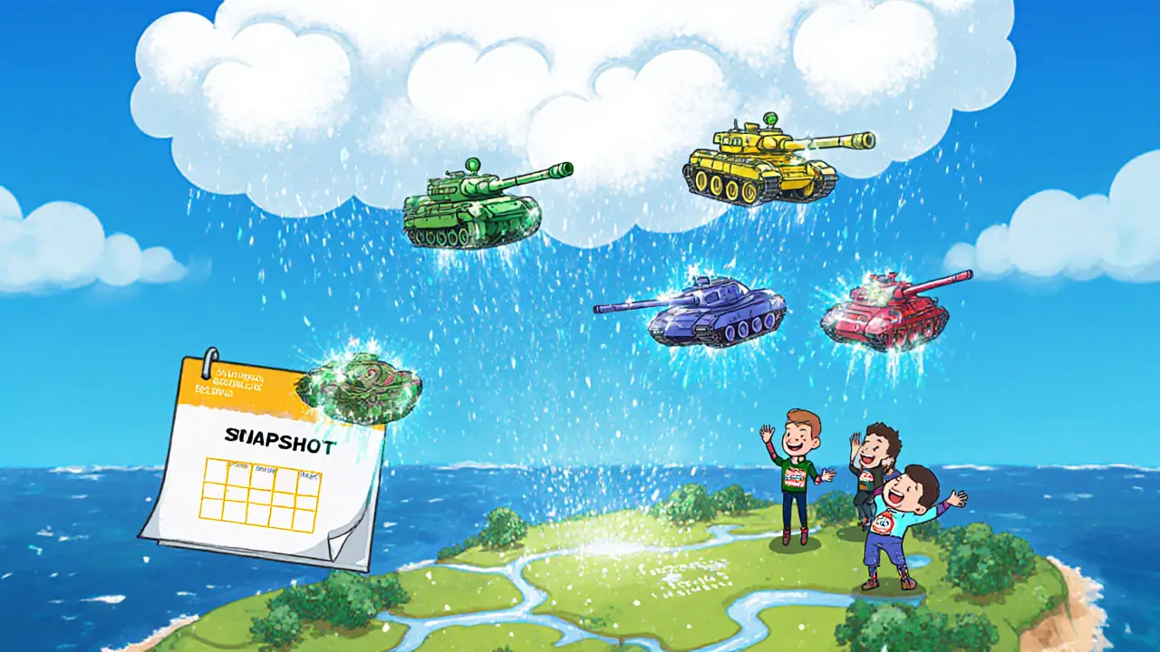 Magical airdrop of glowing tank NFTs onto a Binance Smart Chain map with investor icons.