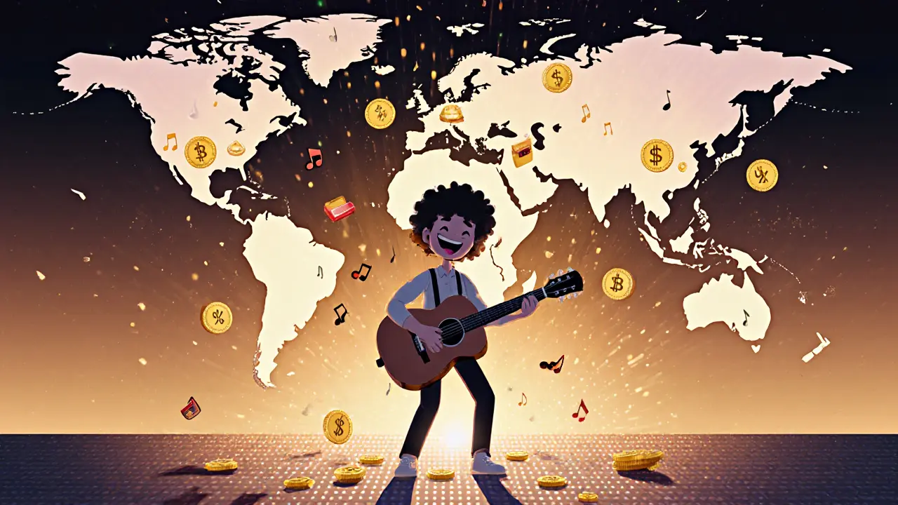 Musician receiving a rain of notes and coins representing a 7% royalty from a resale.