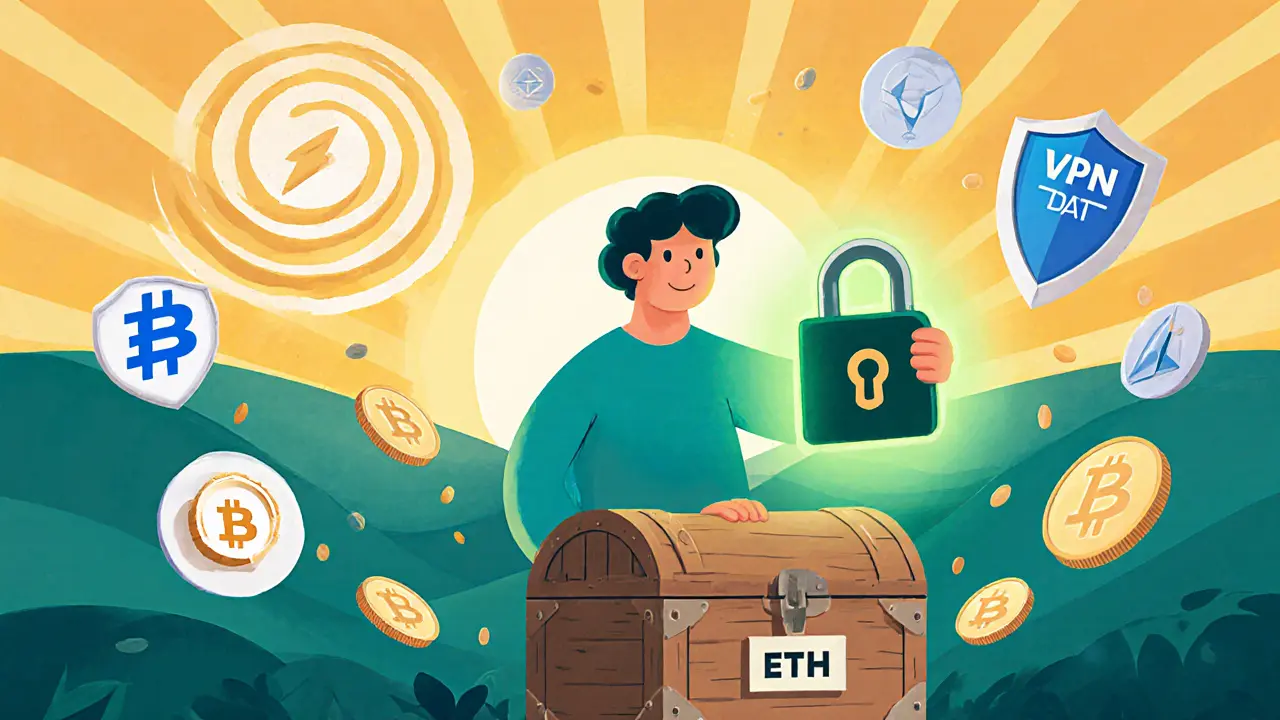 Person securing crypto with a hardware wallet and sunrise background.