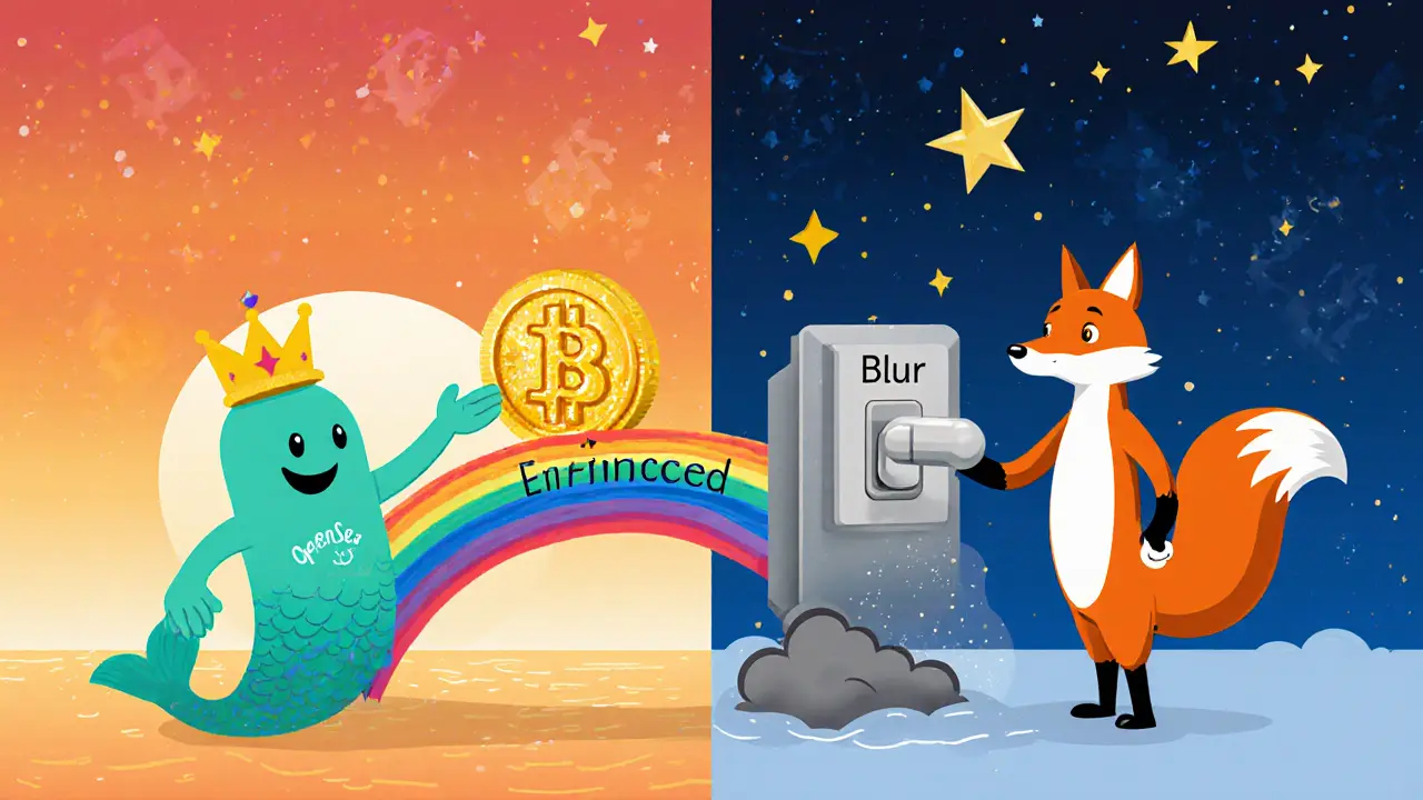 Two marketplace characters: one giving a royalty coin, the other turning royalties off.
