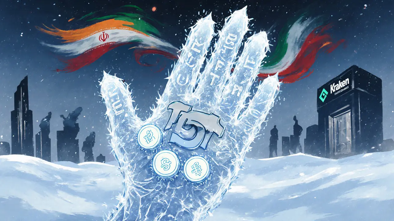 USDT tokens frozen in ice by a giant Tether hand with exchange silhouettes.