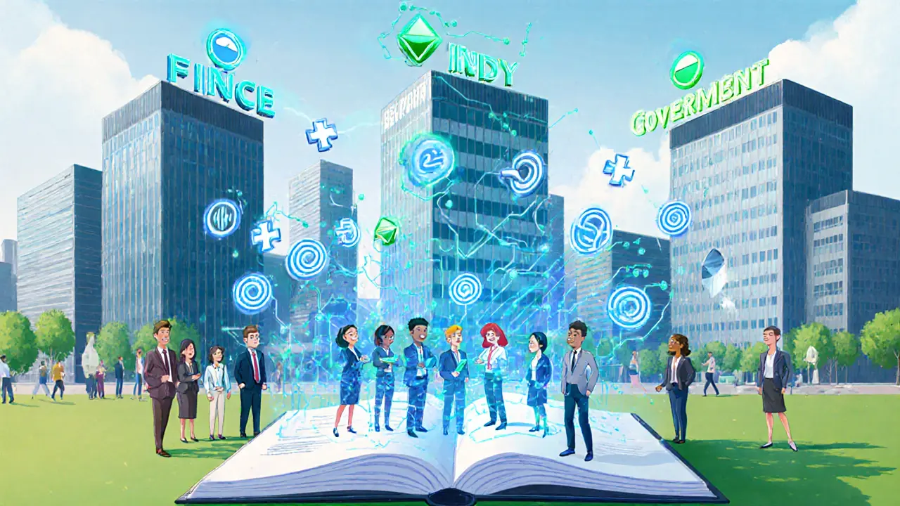 Corporate towers with holographic identity icons and a glowing ledger book in front.