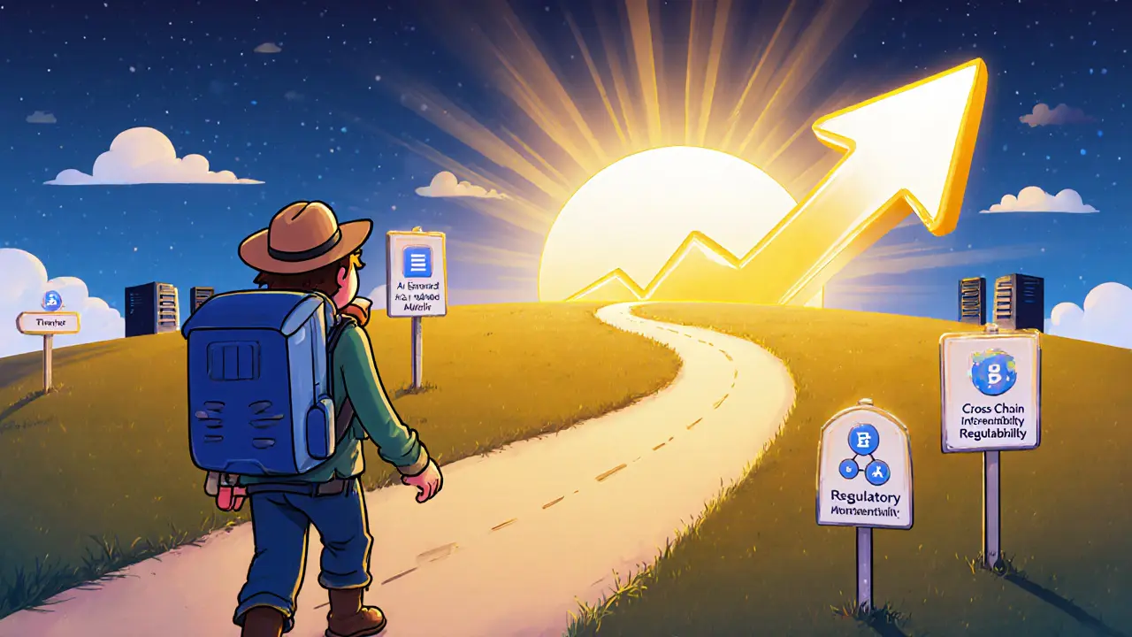 Explorer with a digital wallet walking toward a bright horizon marked with future tech signs.