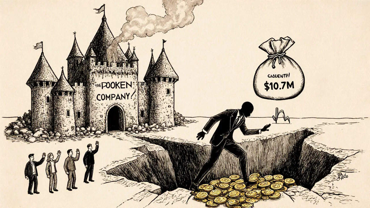 A shadowy figure walks away from a crumbling castle labeled POKMI, leaving behind empty hands.