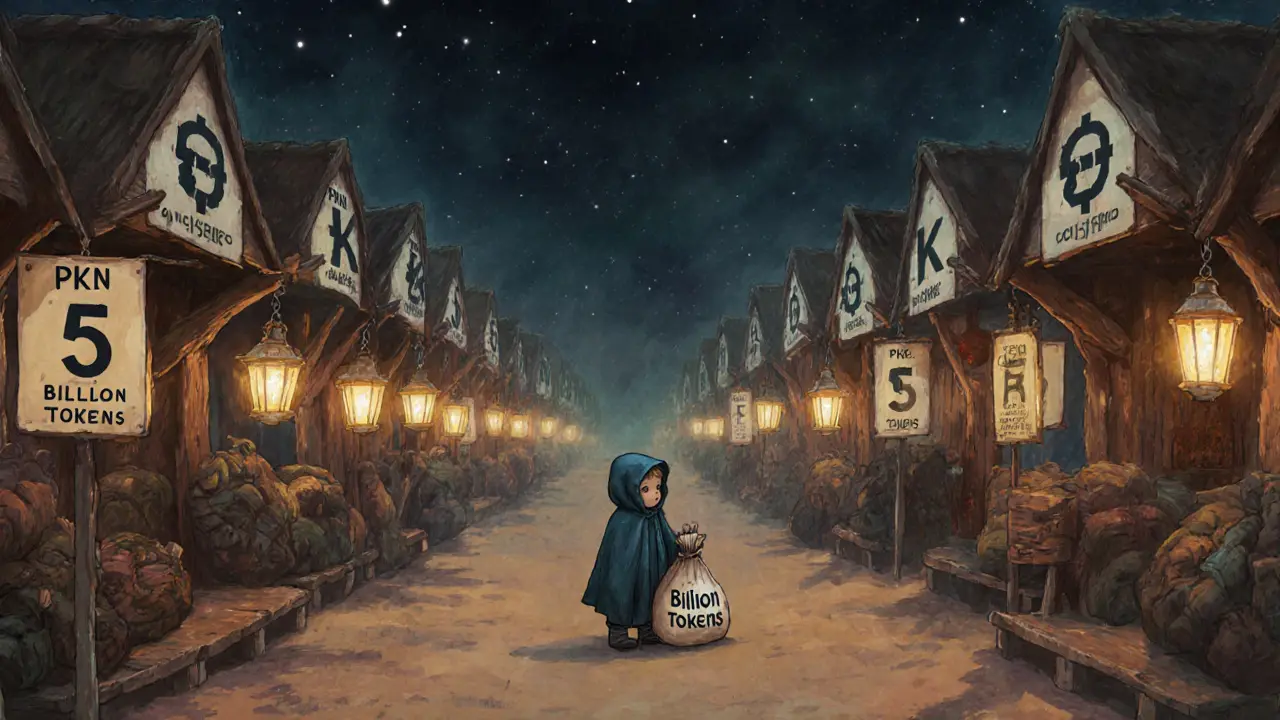 An empty marketplace with hundreds of unused PKN tokens hanging in the dark.