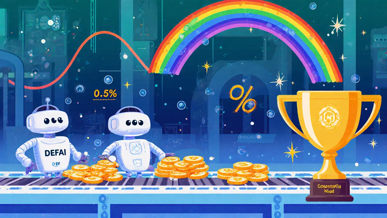 Animated AI robots match token bubbles on a conveyor belt beside a rainbow bonding curve and CreativityProof trophy.