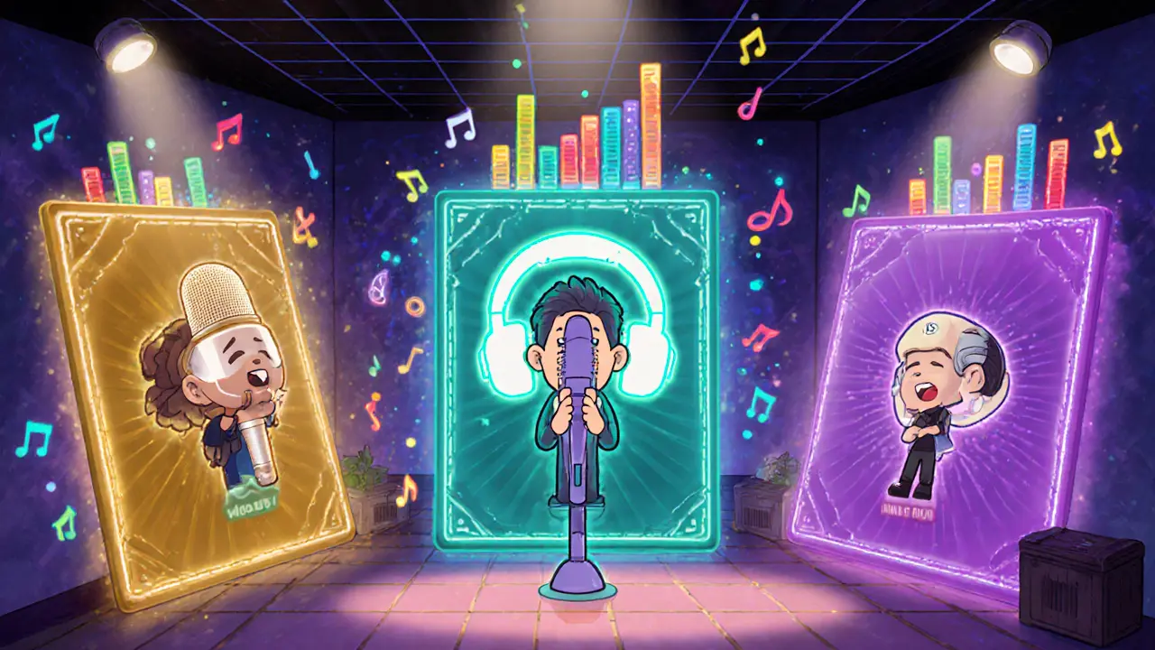 Cartoon characters in a virtual karaoke room using glowing NFT microphones, headphones, and room passes.