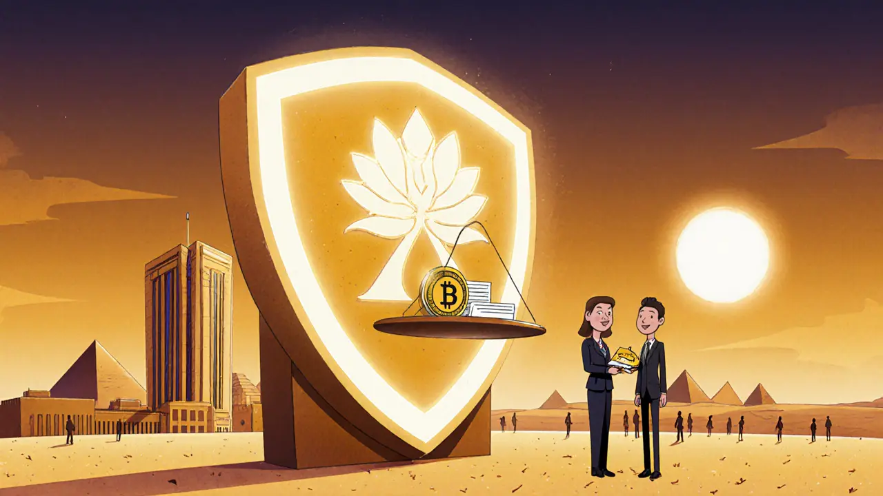 Cartoon depiction of a futuristic Egyptian bank guarded by a shield, balancing crypto oversight and customer service.