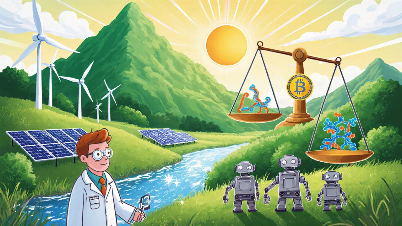 Cartoon green landscape with solar, wind, and scientists turning mining power into useful work.