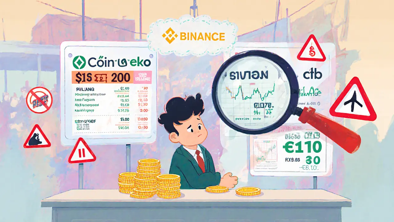 Cartoon market stall showing confused trader with mismatched CTB price signs and red‑flag warnings.