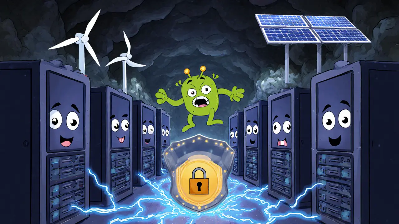 Cartoon mining farm with ASIC machines, renewable panels, and a shield blocking a monster.