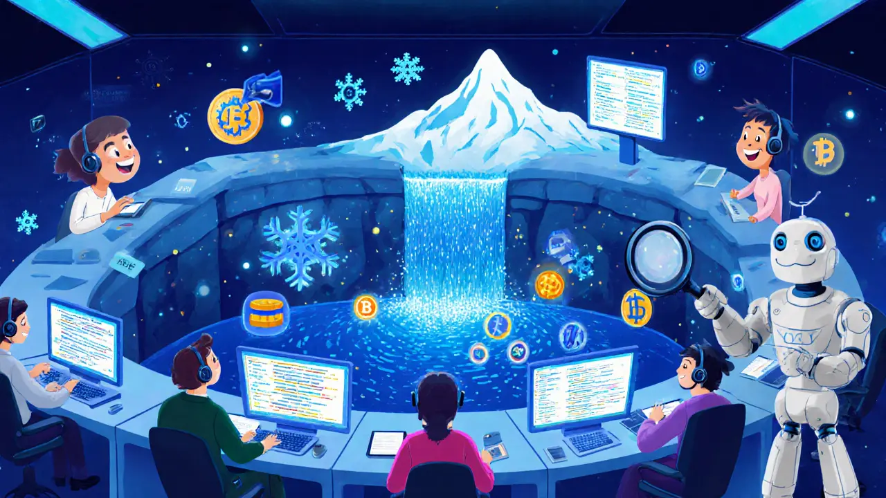 Cartoon scene of compliance analysts monitoring crypto transactions on glowing screens with AI and data flow icons.