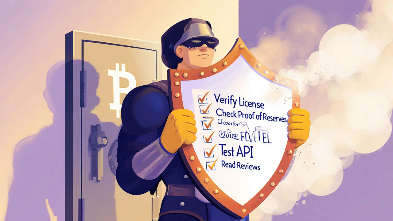 Cyber‑guard holding a checklist shield stands before a vault, with BitcoinBing fading into smoke.