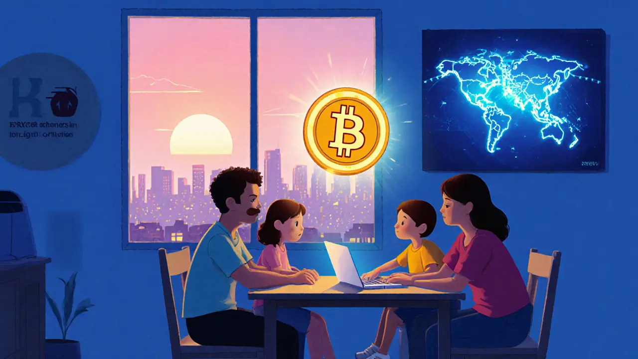 Family at a table with digital crypto symbols and a sunrise skyline.
