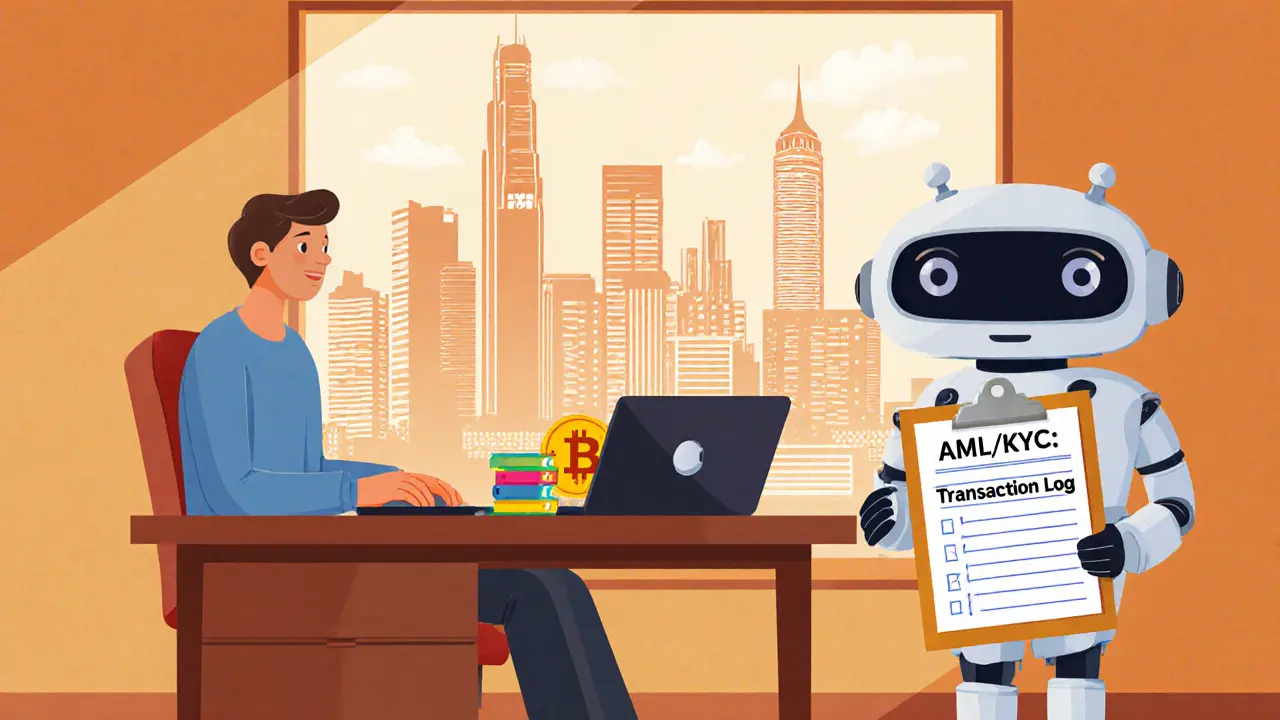 Home office scene with person reviewing crypto ledger, MAS building, and AML robot.
