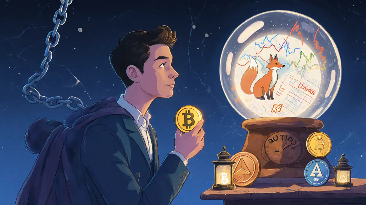 Investor looking at a crystal ball with volatile CTB graph, a broken chain, and friendly token guides.