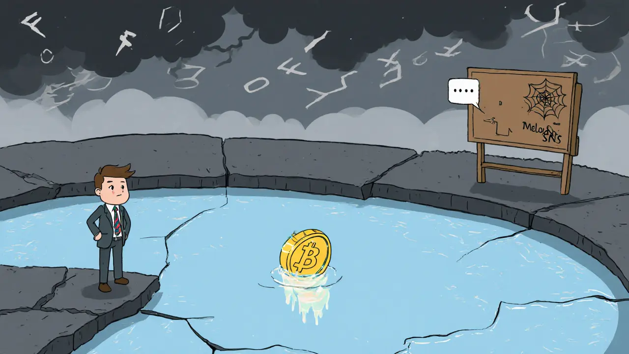 Investor on a cracked liquidity pond under stormy skies, showing thin market and community emptiness.