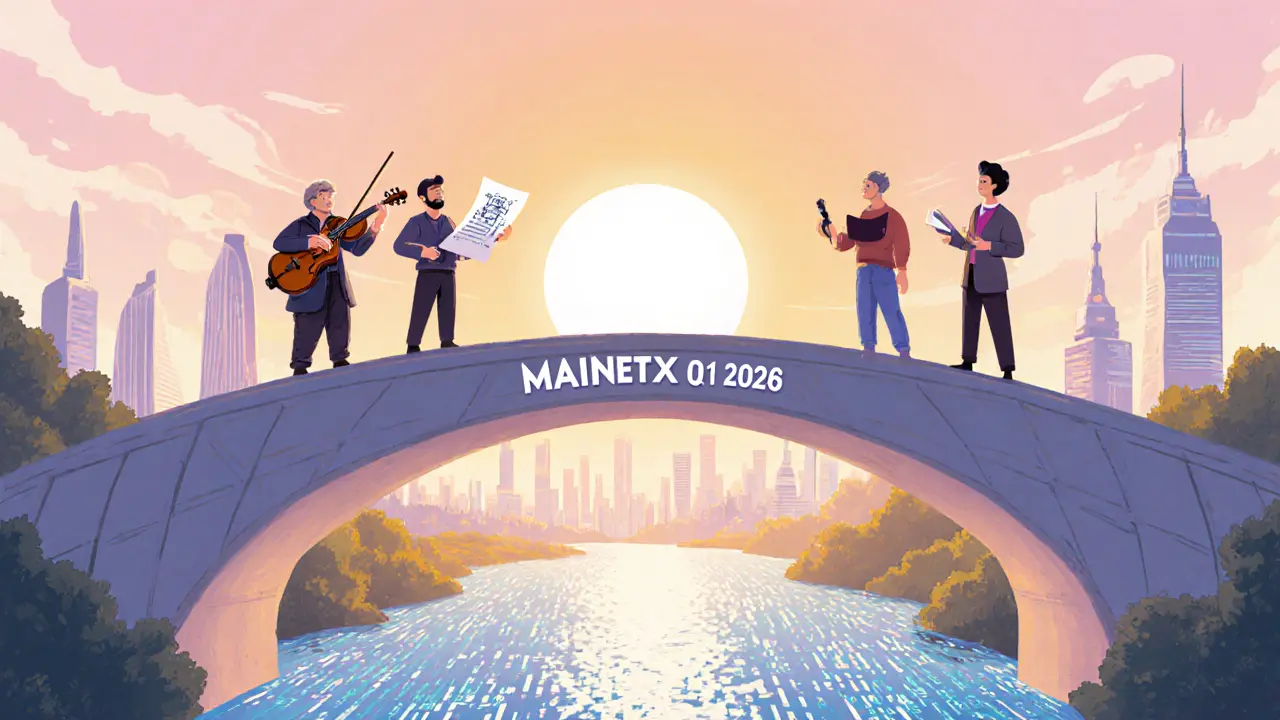 Musician, inventor, and storyteller cross a bridge labeled &quot;Mainnet Q1 2026&quot; toward a sunrise over IP‑NFT city.