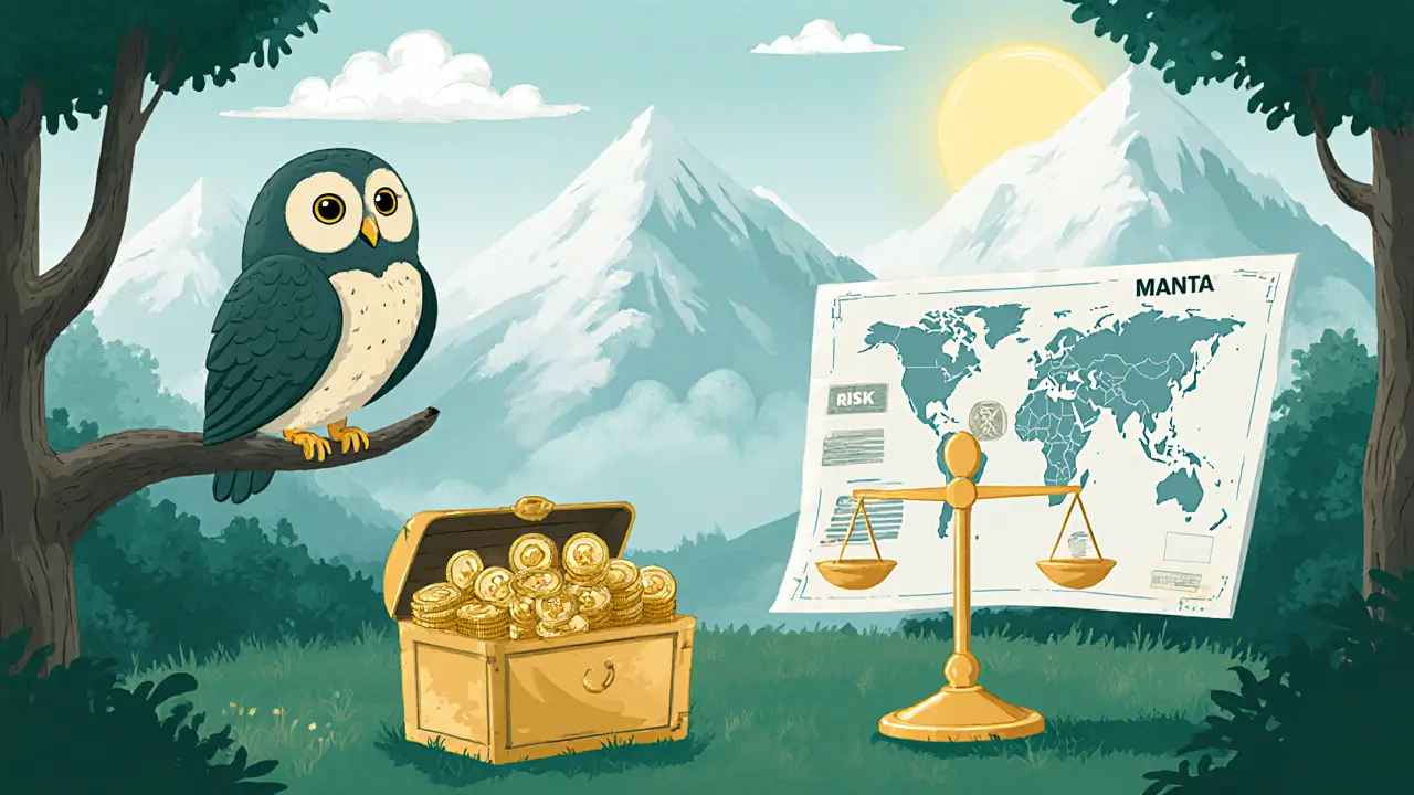 Owl watches a treasure chest of QUICK tokens on a balance scale in a misty mountain scene.