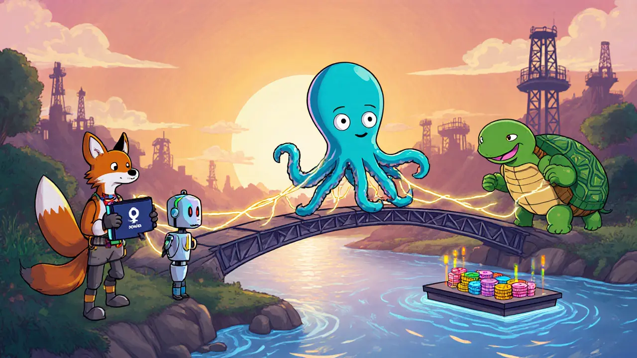 Squid leads token bundles across a glowing bridge while a robot adjusts liquidity sliders.