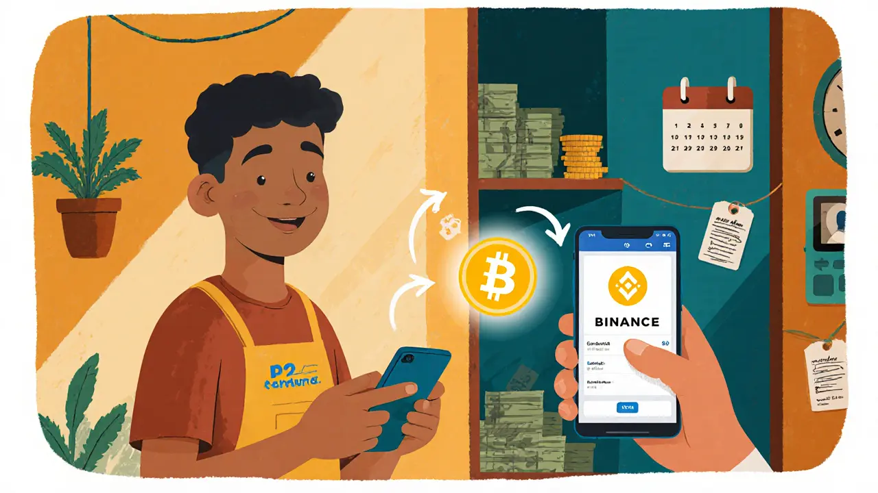 Vendor showing a Binance P2P USDT trade on a phone to a customer.